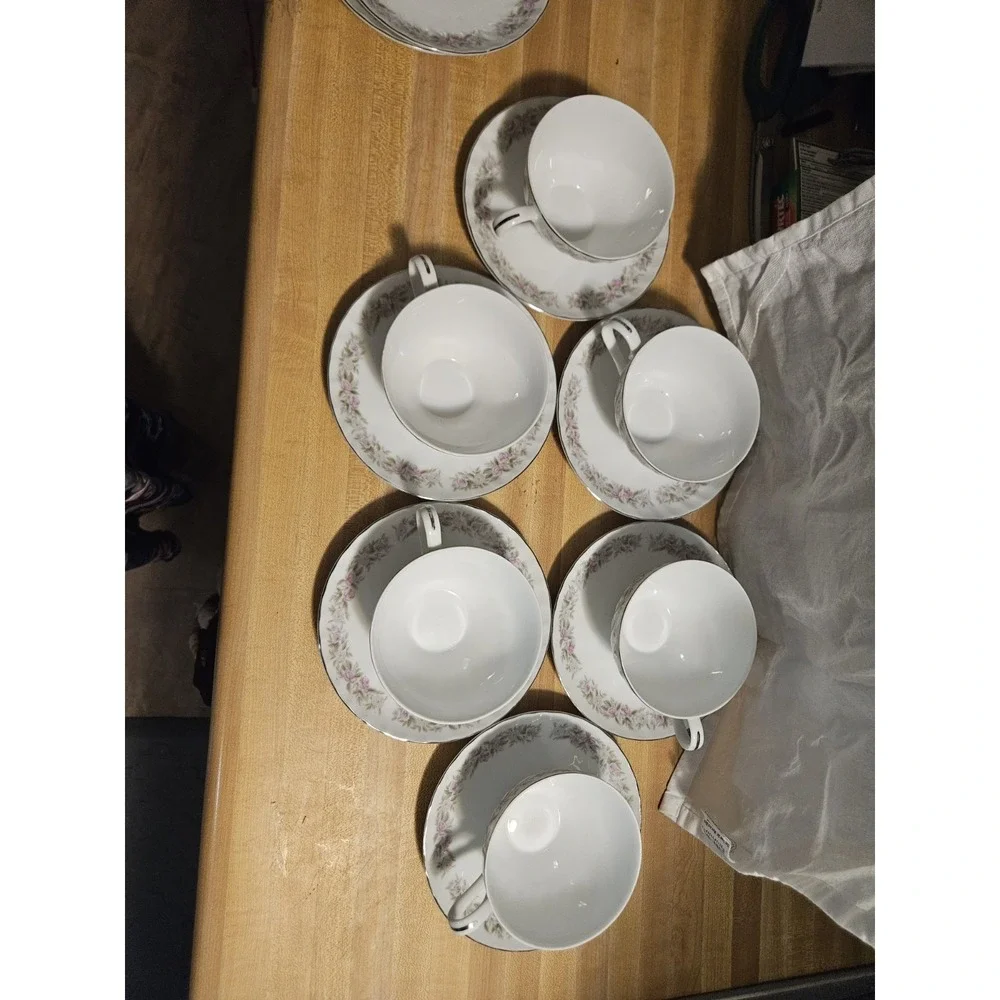 Vintage Teahouse Rose Dansico Fine China, (set of 6) Cup & Saucers, Pink Floral